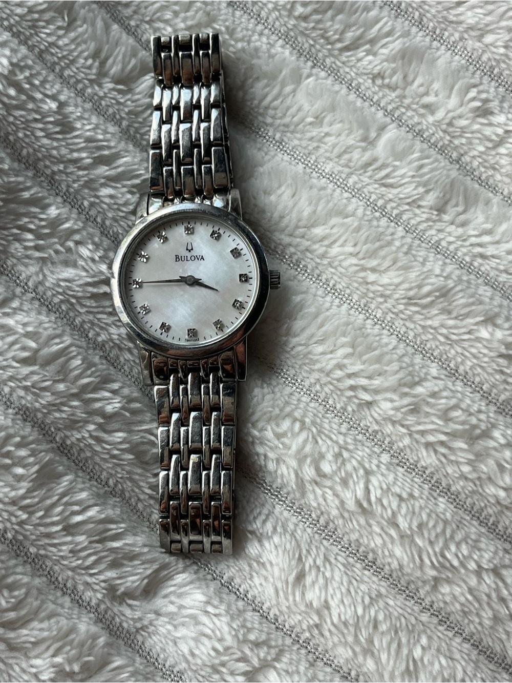 Bulova Silver Stainless Steel Watch with Mother-of-Pearl Dial